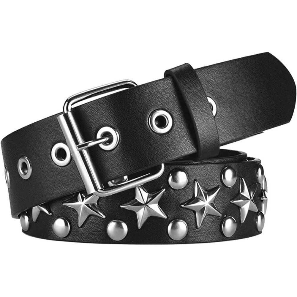 Women's 1 - Black Star Metal Punk Rock Rivet Belt With Bright Pyramid Studded
